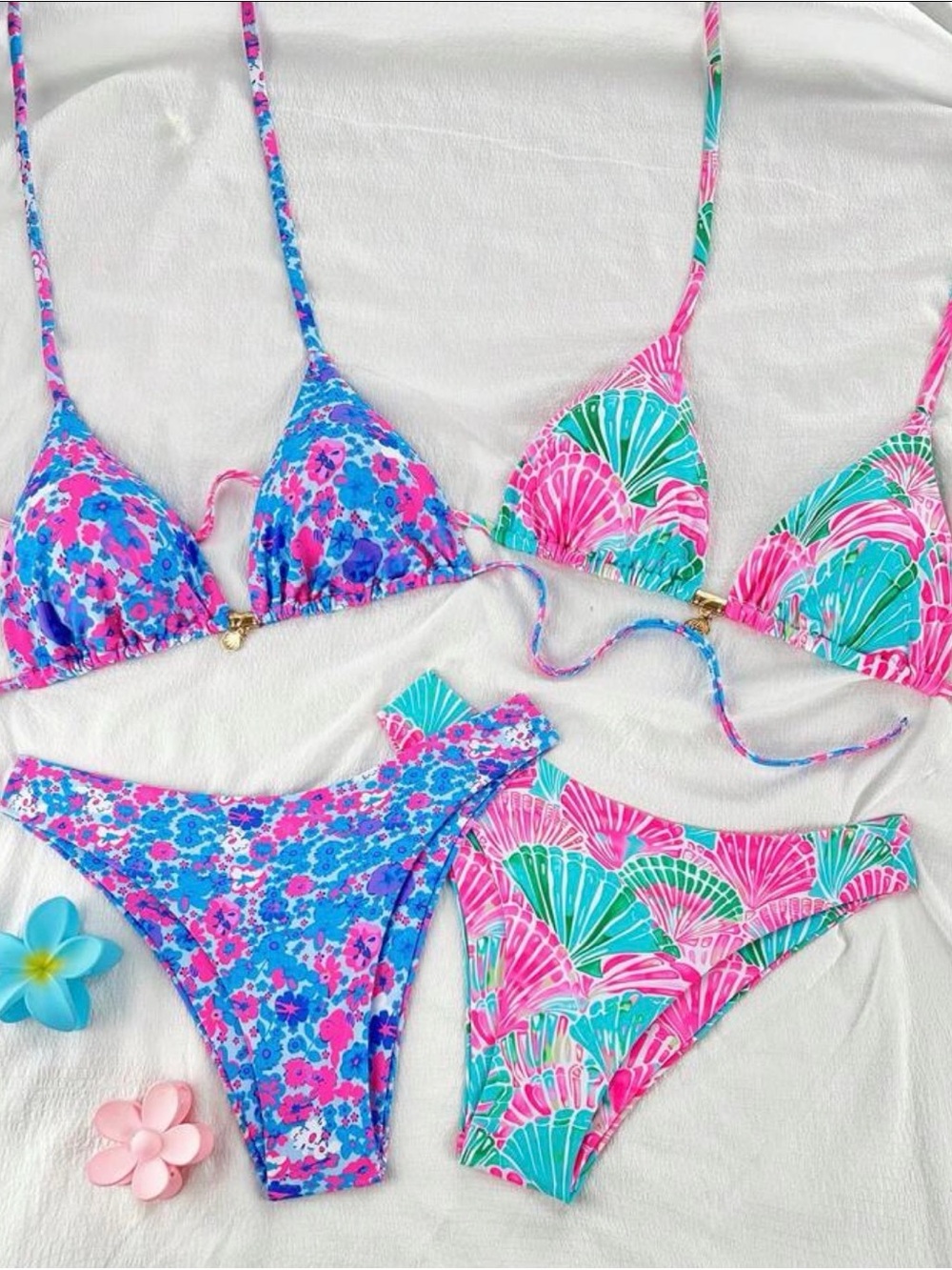 Women’s Floral & Shell Print Four-Piece Swim Set - Pink & Blue